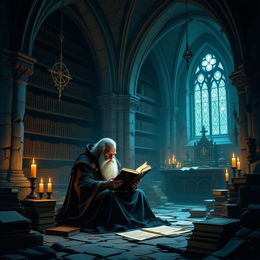 Arcane Scholar in Gothic Cathedral Chamber