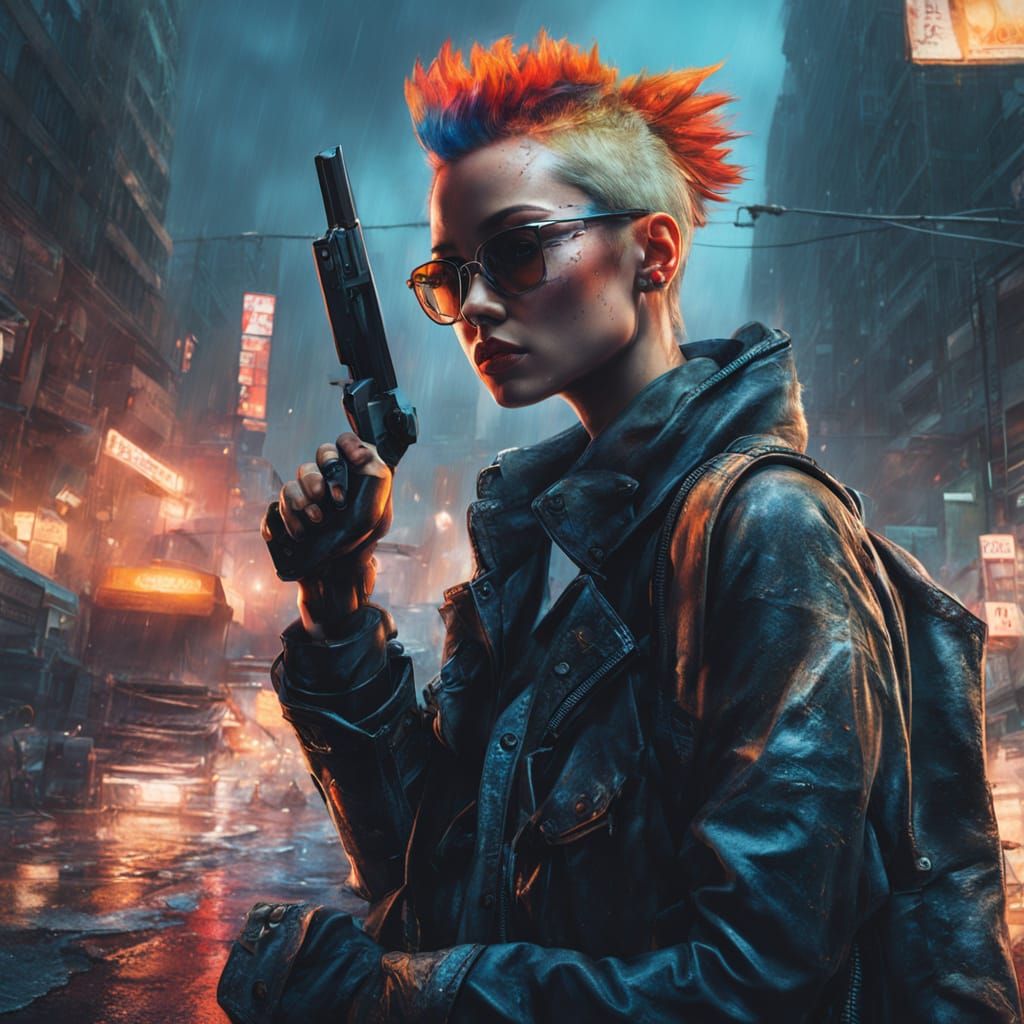 Cyberpunk Woman with Mohawk Guards Water in Rainy City