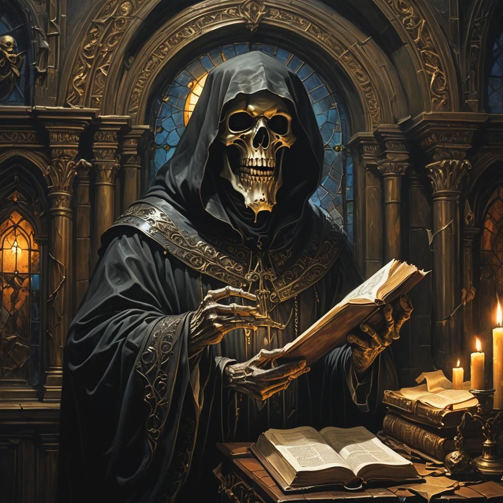 Reaper Studies Bible in Dimly Lit Chamber