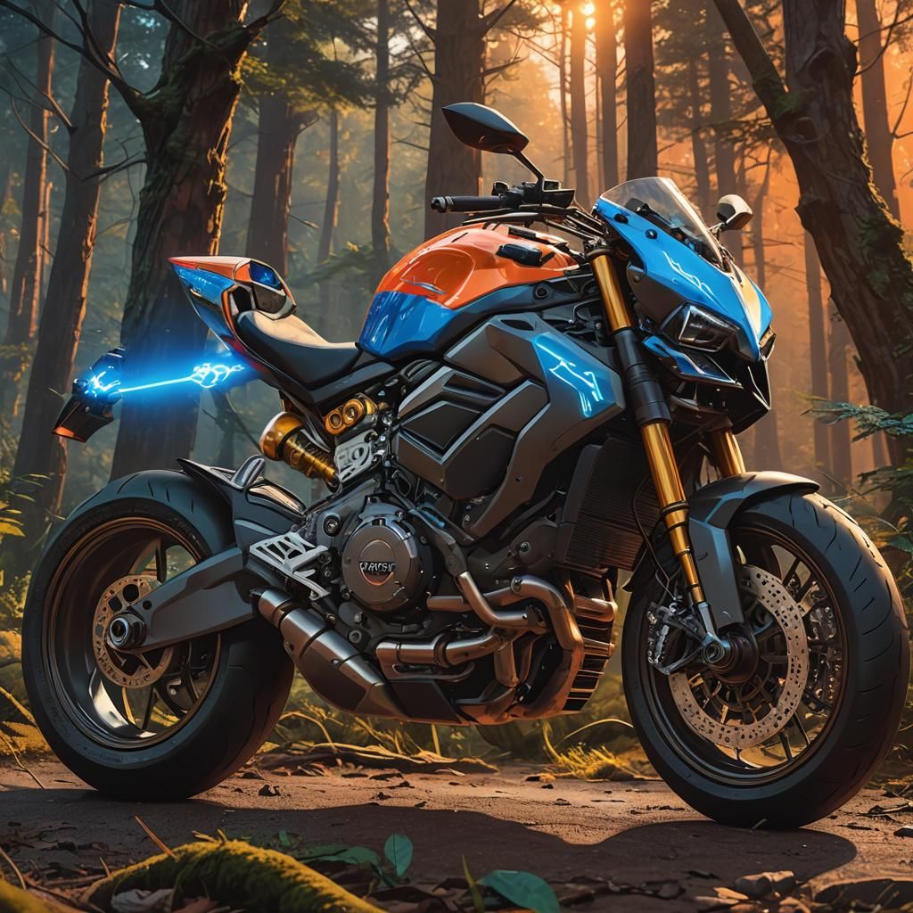 Futuristic Motorcycle Speeds Through Enchanted Forest