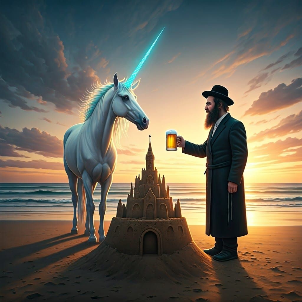 Unicorn and Rabbi Admire Sandcastle at Dusk