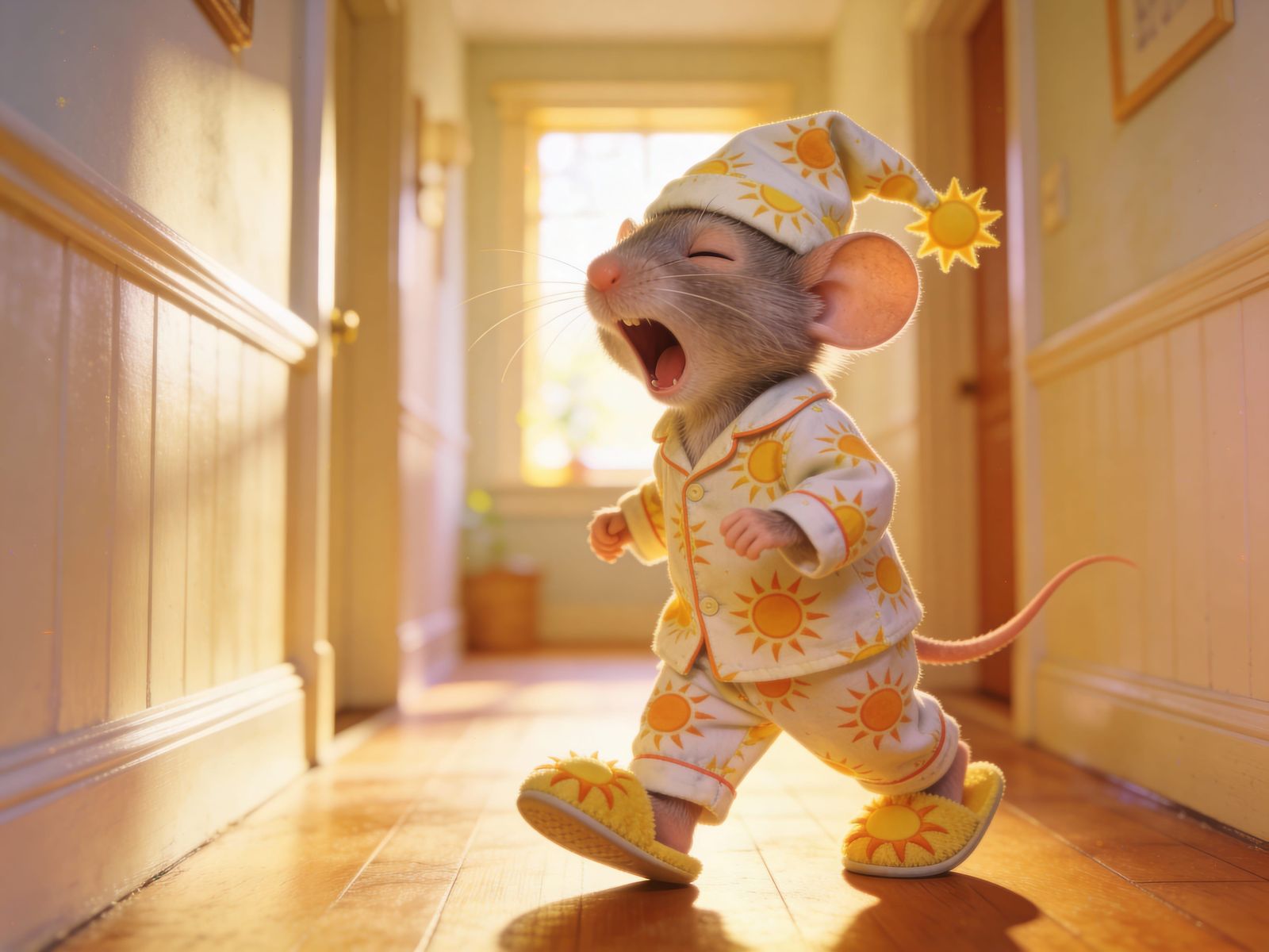 Tired Mouse Wears Sun Pajamas Heading to Bathroom