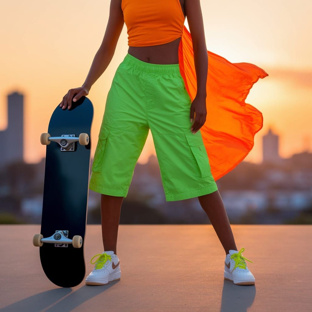 Vibrant Skateboarder in Sunset Cityscape