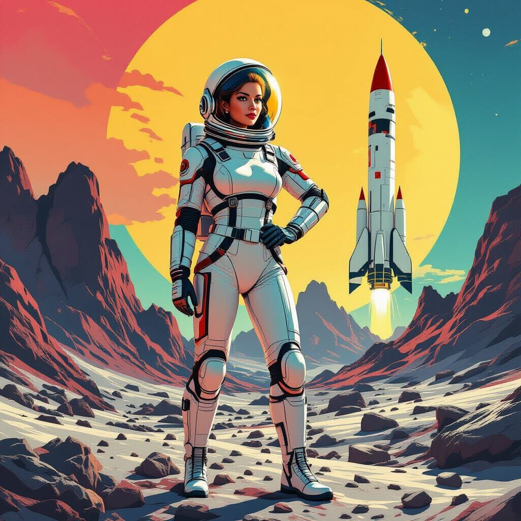 Retrofuturistic Cosmonaut on Lunar Surface