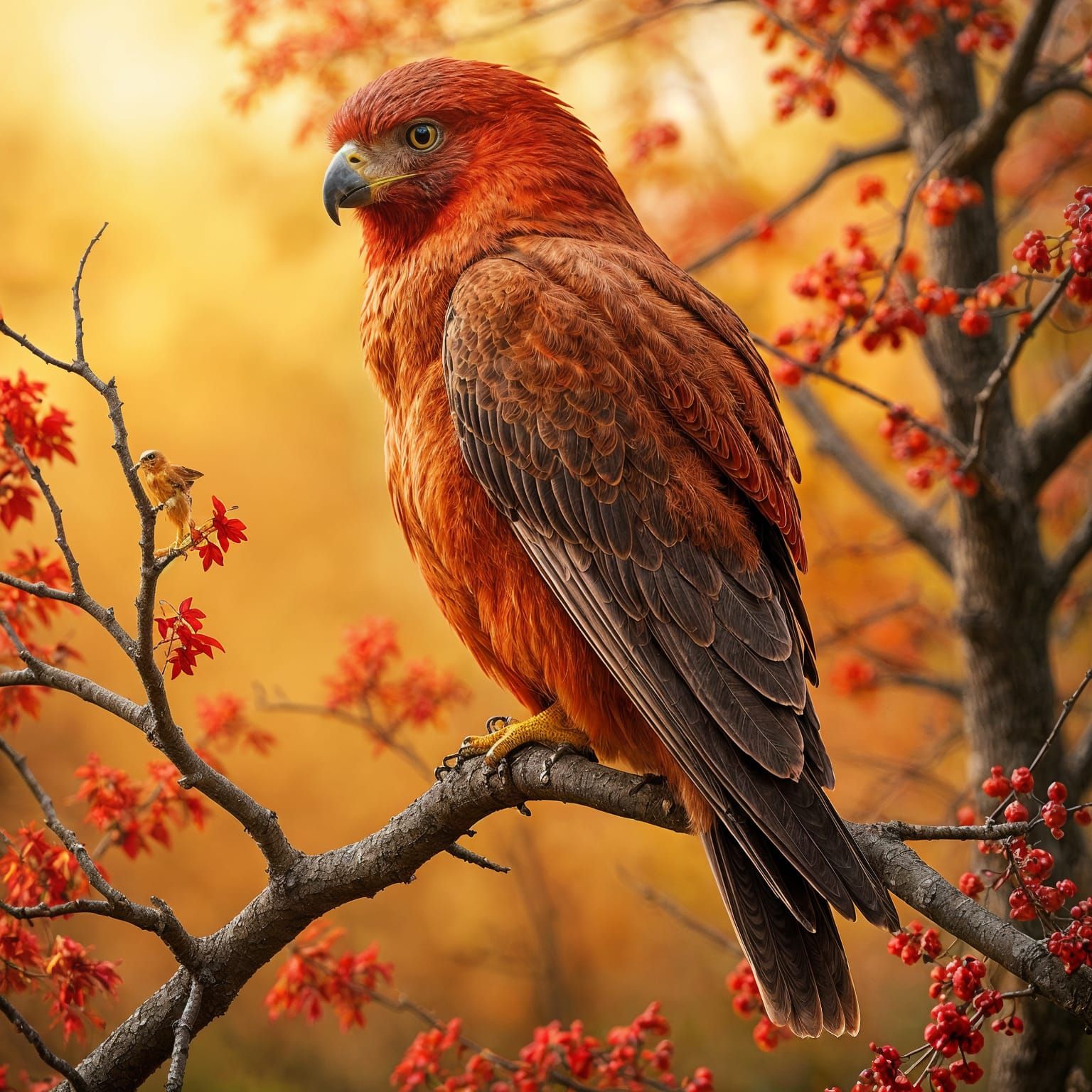 Red Falcon on Flaming Tree Close-Up