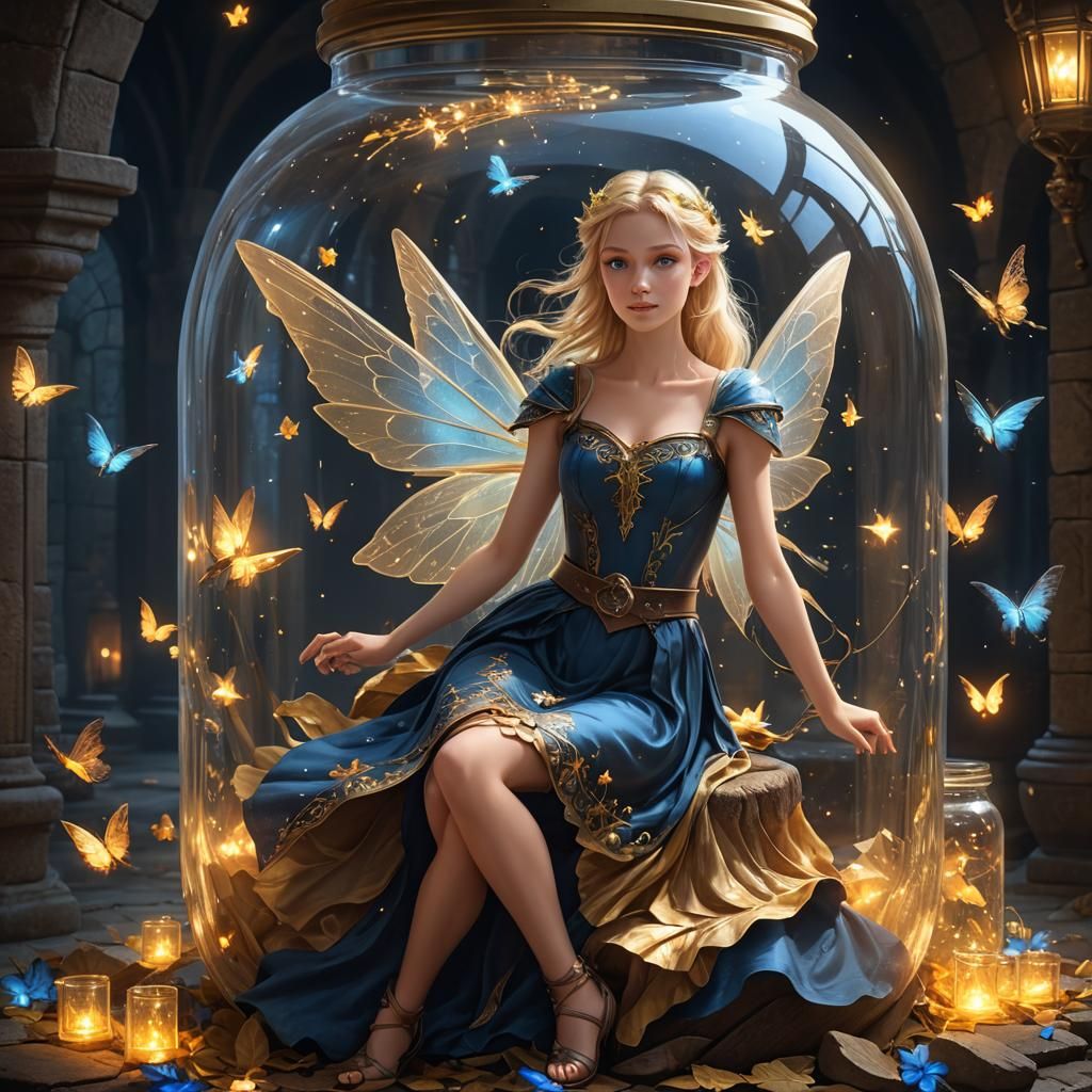 Winged Fairy Imprisoned in Glass Jar