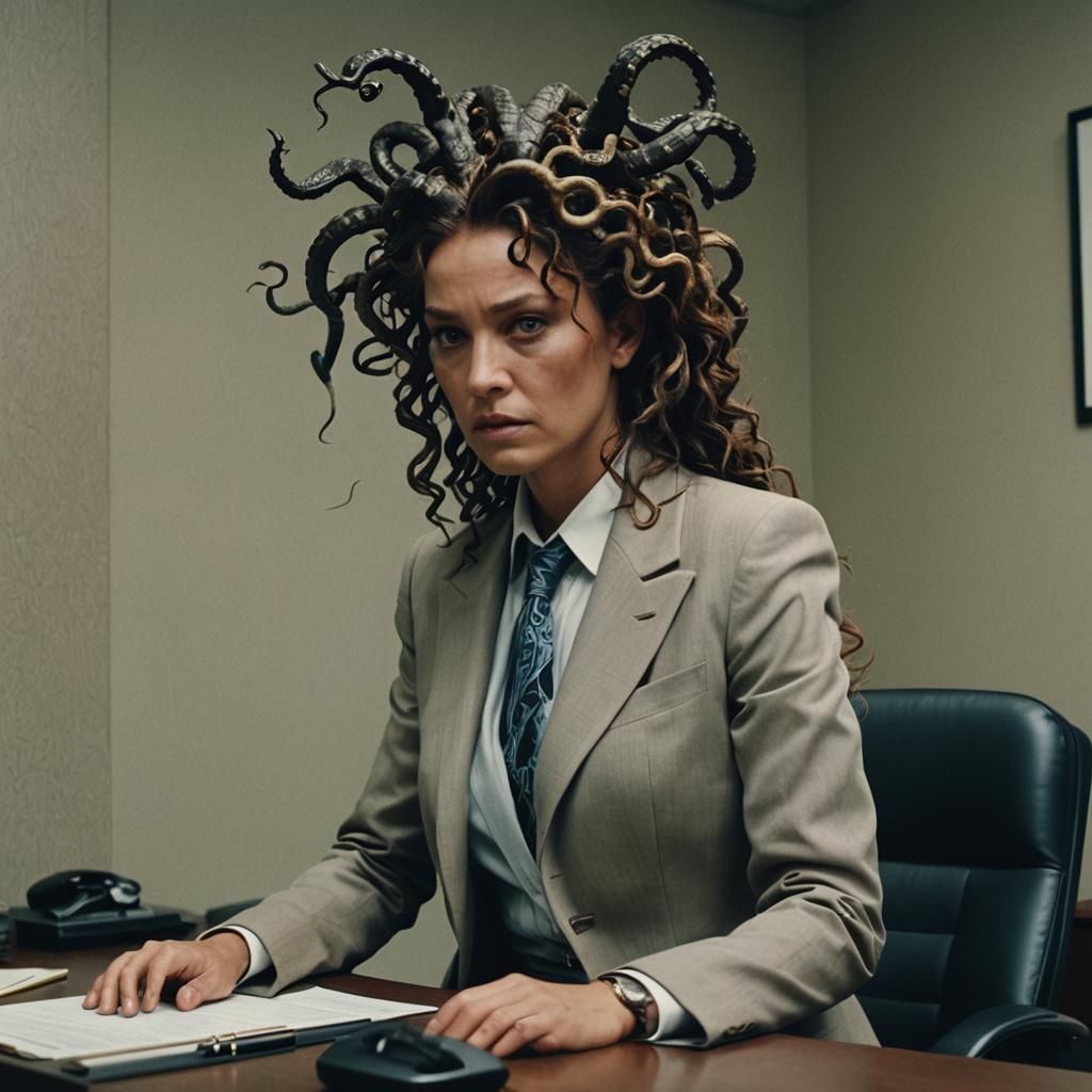 Medusa in a business suit in a corner office Cinematic film ...