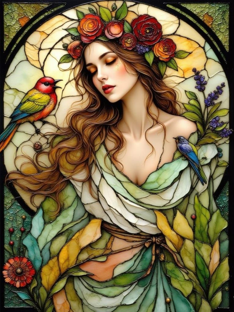 Art Nouveau Woman with Flower Crown and Bird