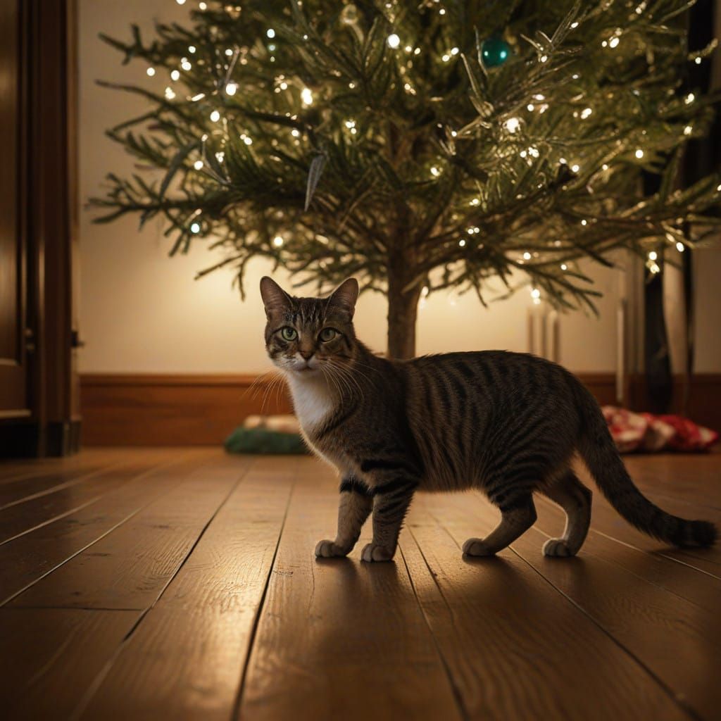 Whiskered Feline Stares Down Tattered Christmas Tree Toy
