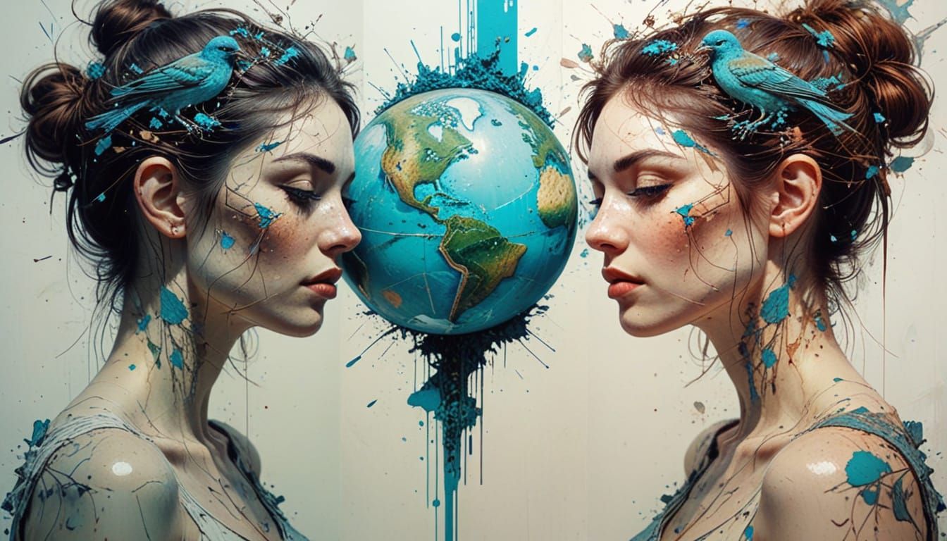 Surreal Woman Gazing in Mirror with Birds and Globes