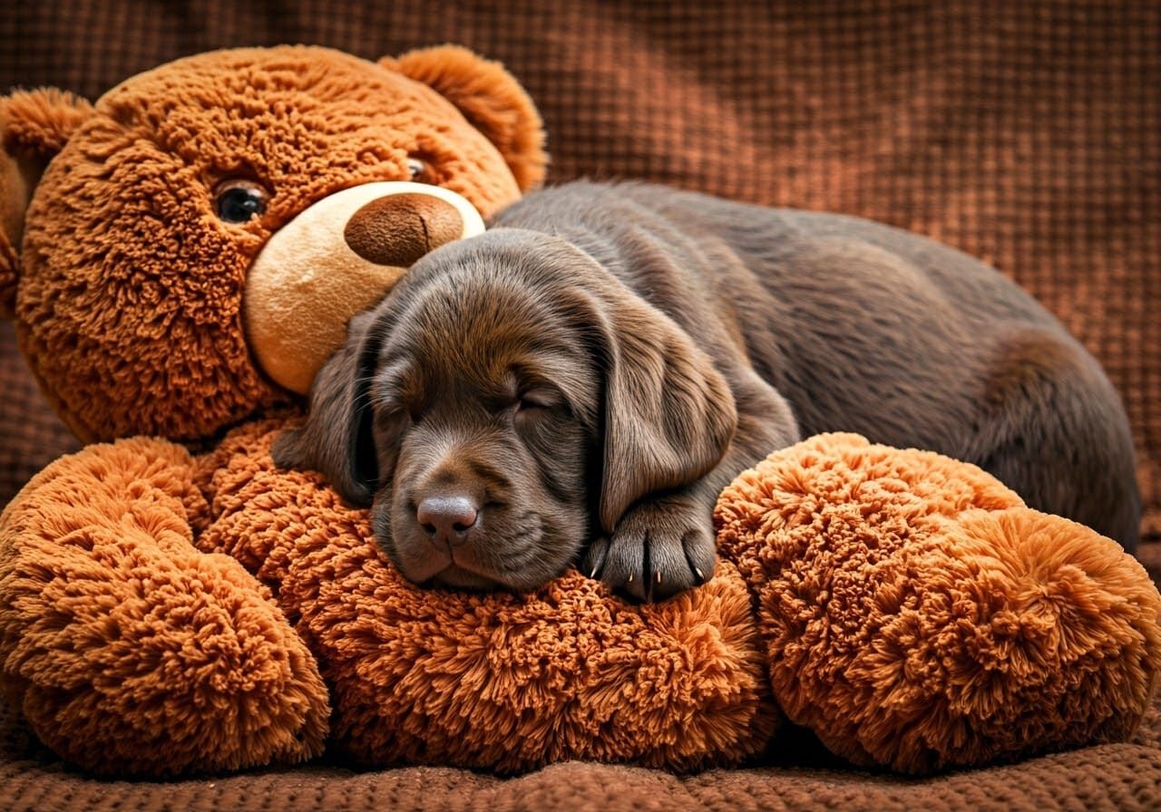Sleeping Labrador Puppy on Teddy Bear, Photorealistic