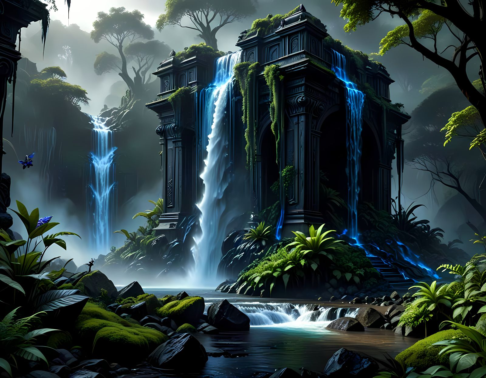 Ethereal Waterfall Overtaking Ancient Ruins: Graphite Drawin...