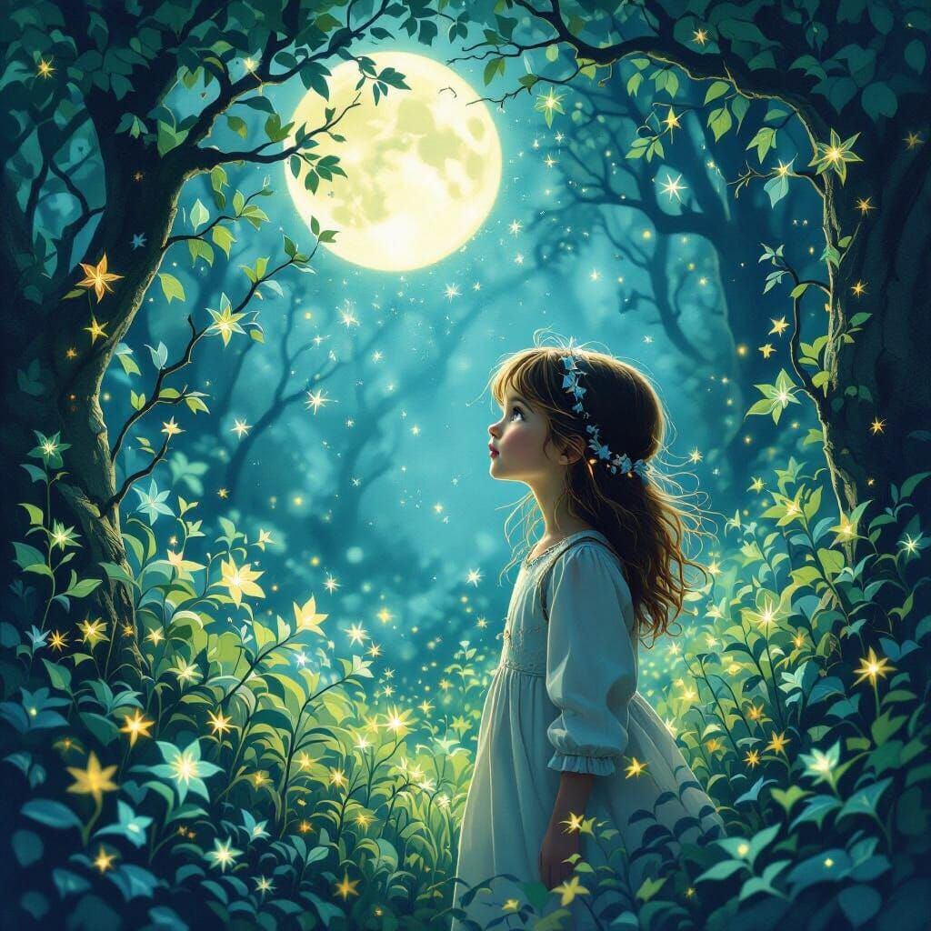Enchanted Forest Girl Under Moonlit Dream Leaves
