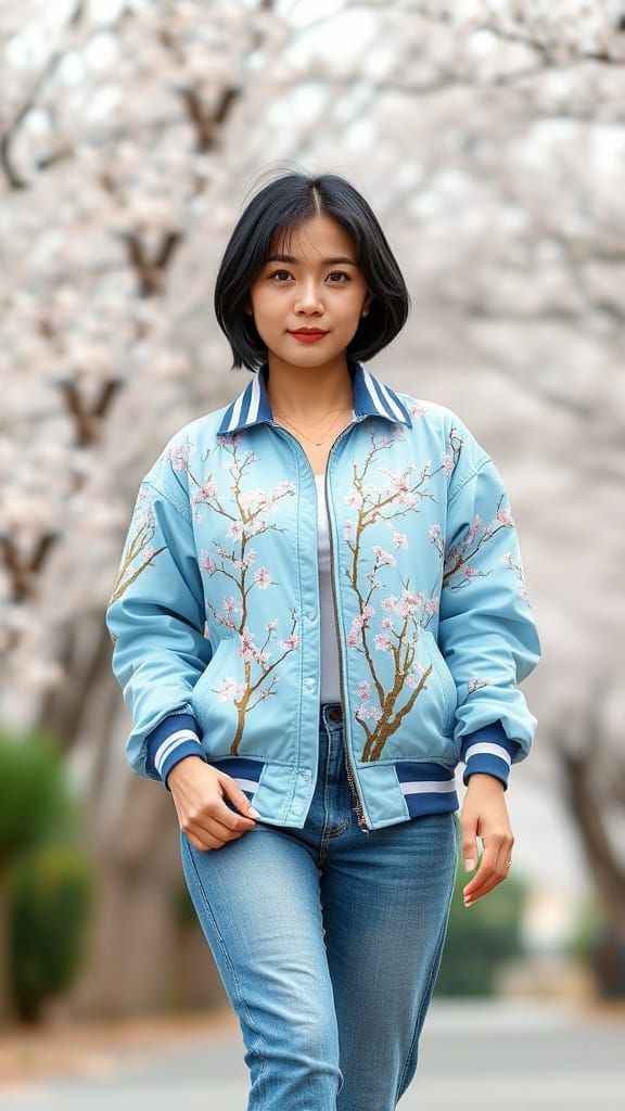 Woman in Sakura Jacket Full Body Portrait