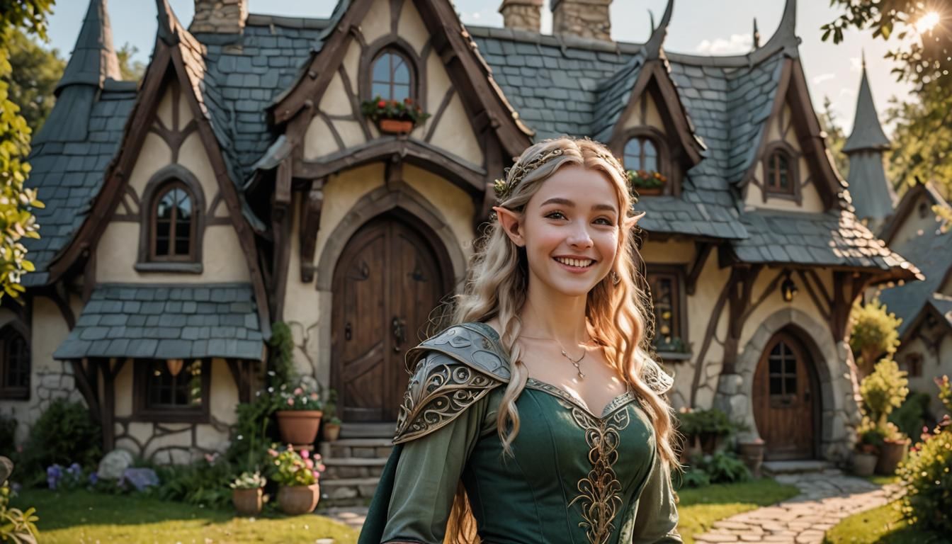 Smiling Elven Princess in Front of Enchanting Cottage