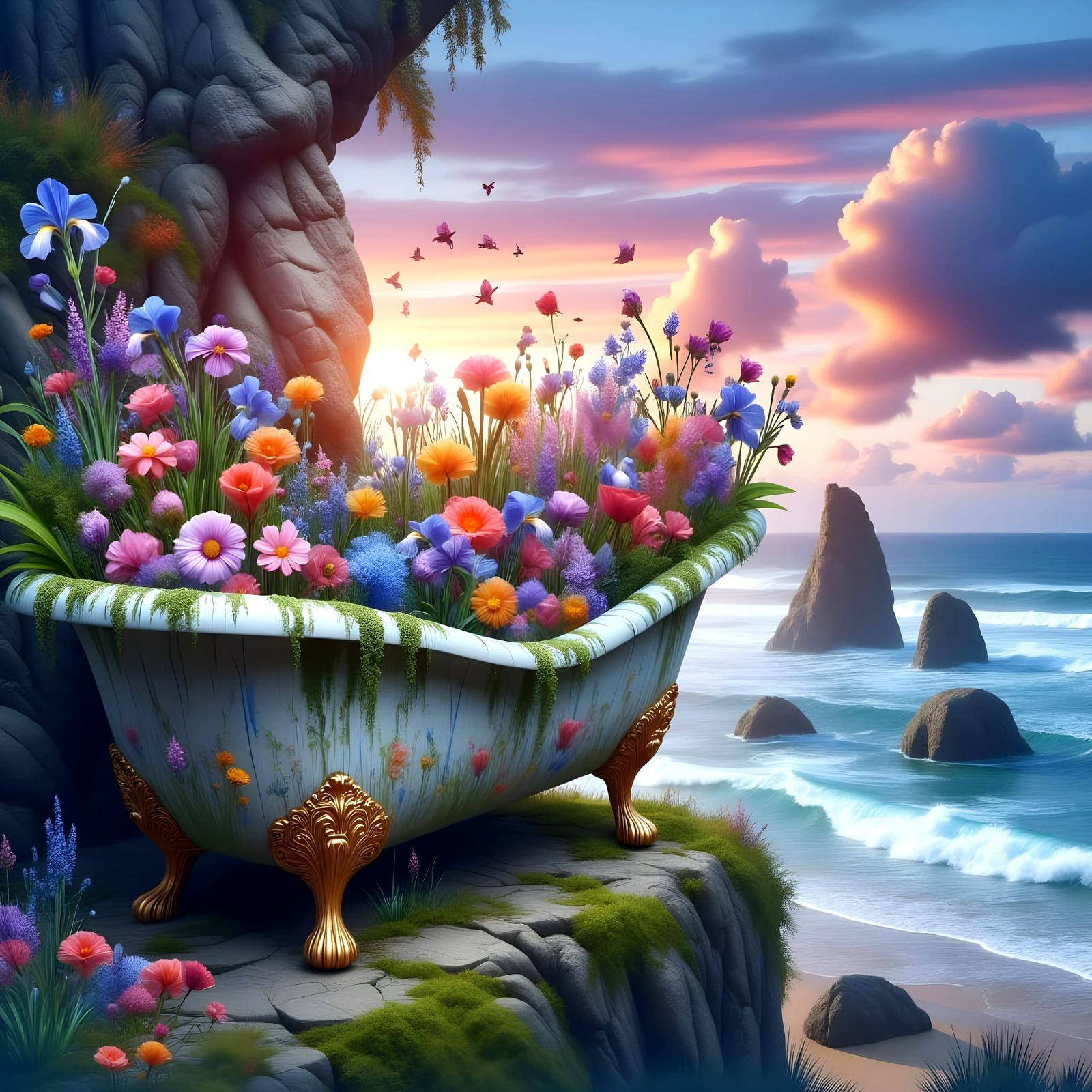 Elegant Clawfoot Bath Amidst Twinkling Twilight Seascape