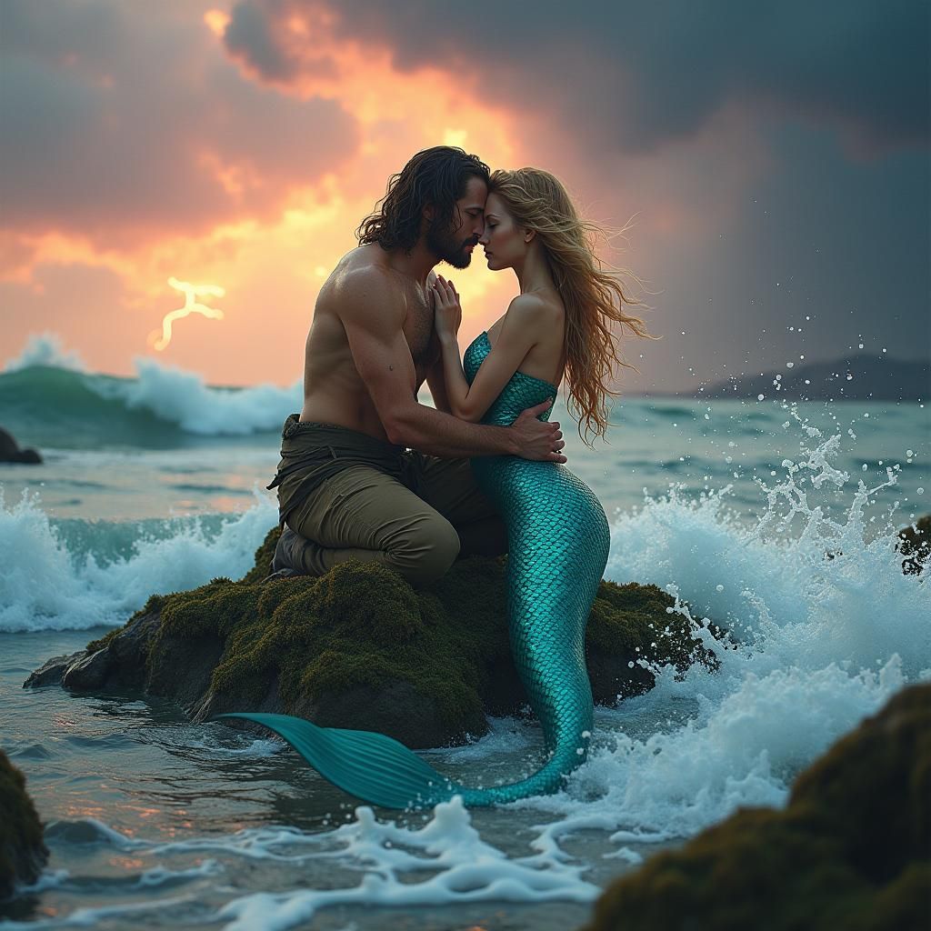 Mermaid Embraces Human in Stormy Sunset