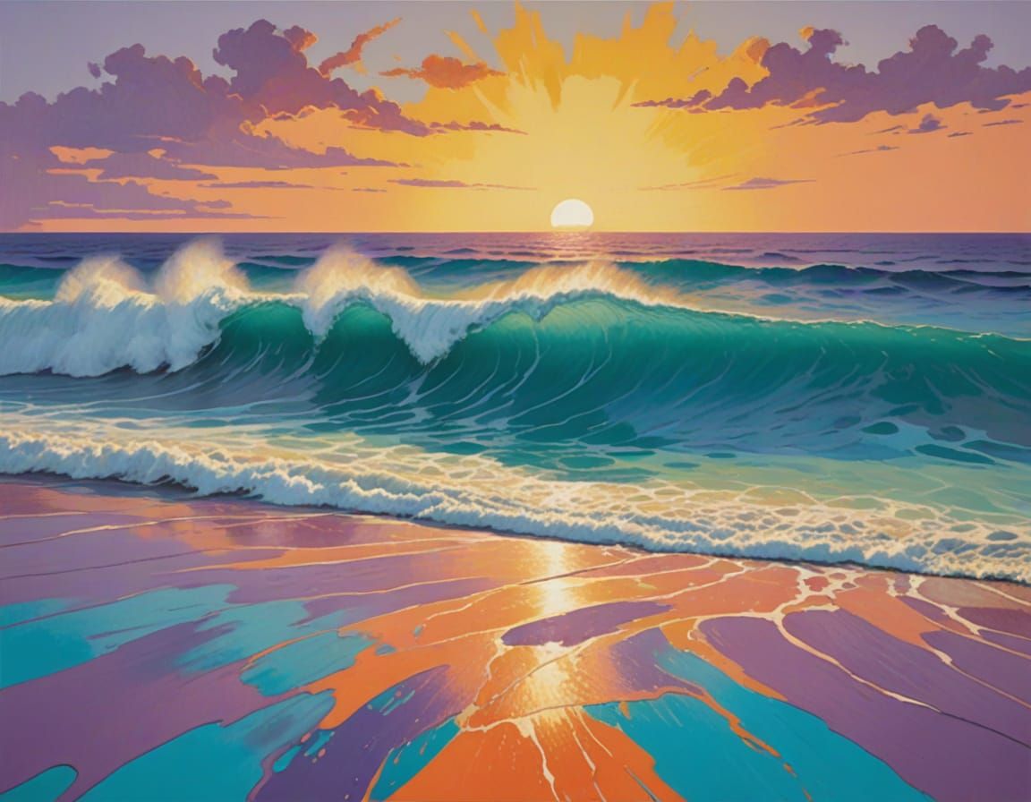 Pastel Hues of a Thunderous Beach Scene in Vibrant Ink Outli...