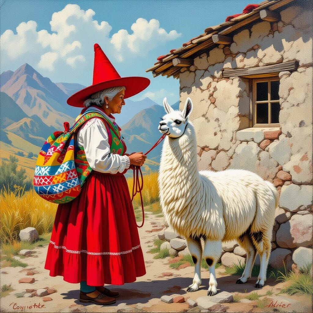 Woman and Llama in Mountainous Folk Art Style