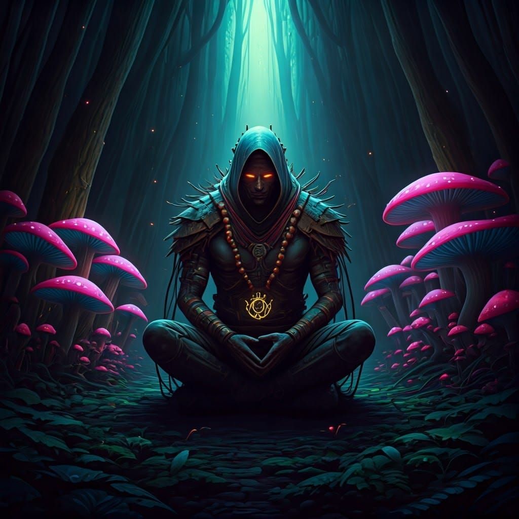 Cyberpunk Druid Meditates Among Bioluminescent Mushrooms