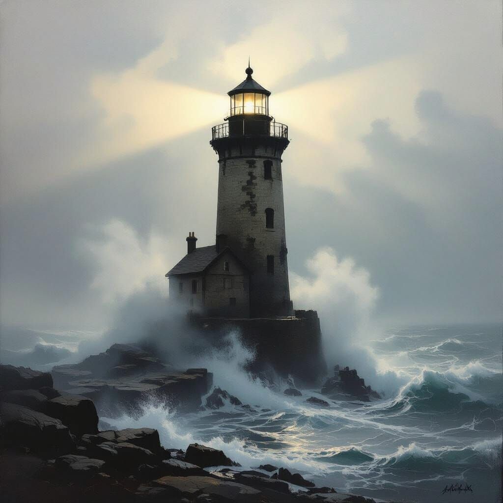 Lighthouse Against Tempestuous Sea in Dramatic Chiaroscuro S...