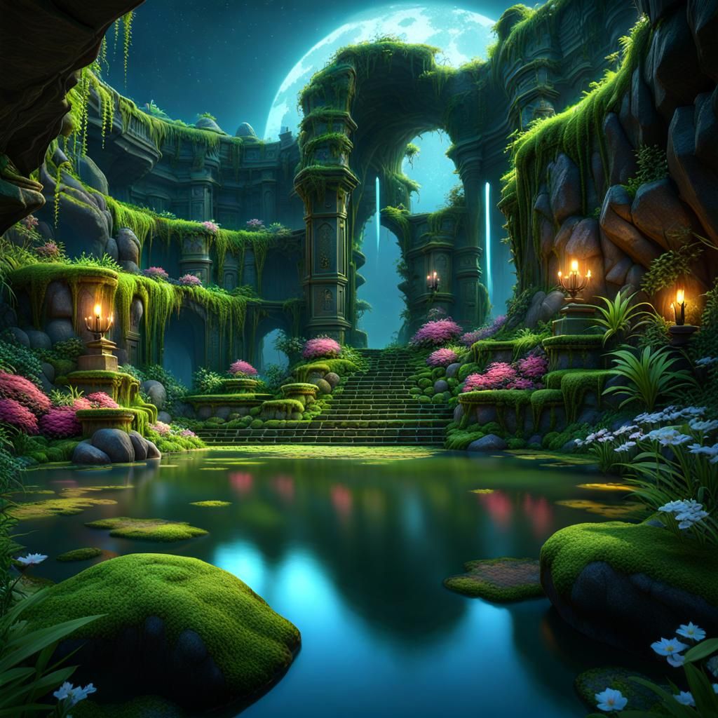 Magical Lake with Jungle Ruins in Fantasy Style