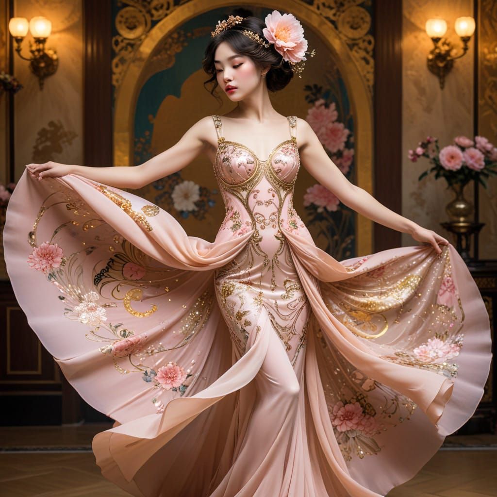 Two Elegantly Dressed Women in Art Deco Ballgowns