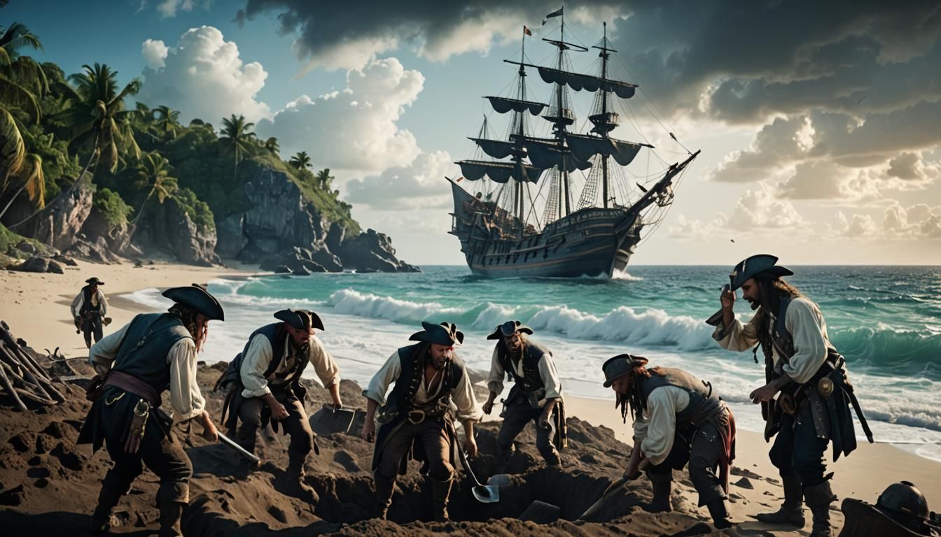 Pirates Burying Treasure on Caribbean Island