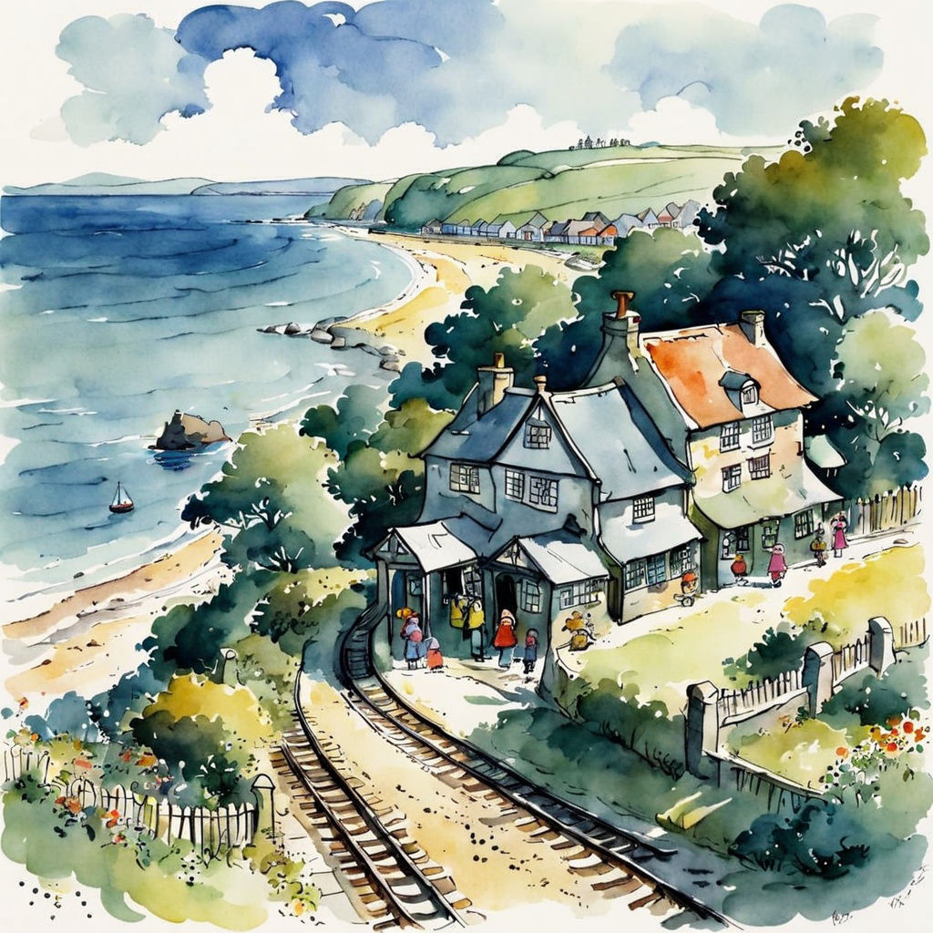 Charming Seaside Train Station in Watercolor Style