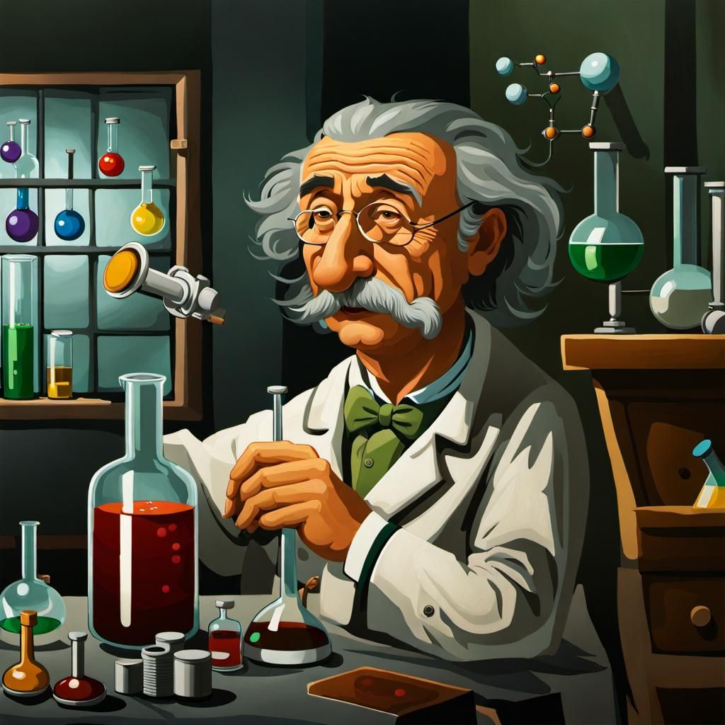 Hyperrealistic Old Scientist in Laboratory, 3D Digital Art