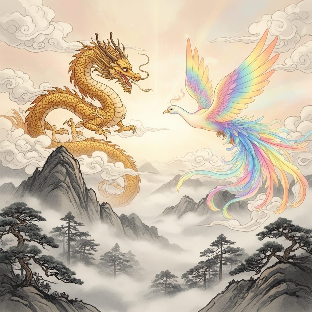 Golden Dragon and Rainbow Phoenix in Ink Wash Style