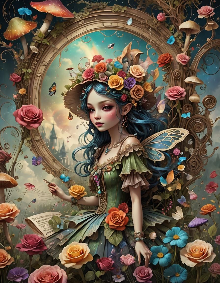 Vintage Fairy with Rainbow Flora, Detailed Matte Painting