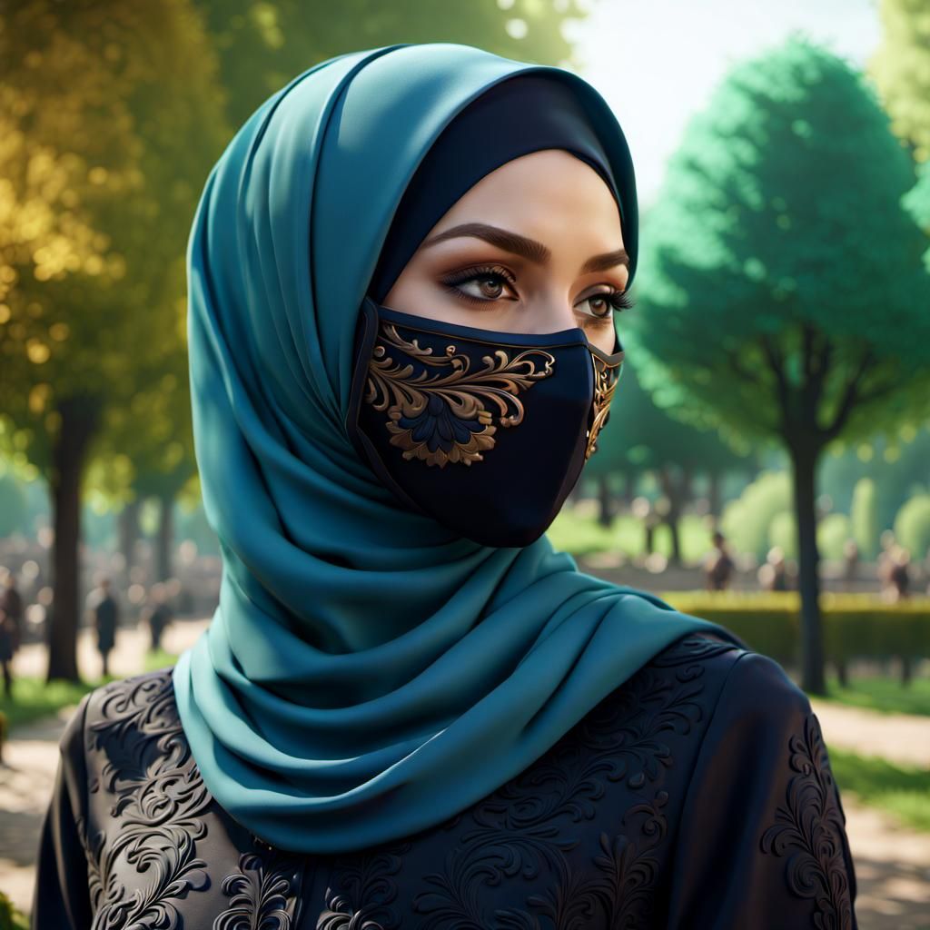 Woman in Hijab and Mask in City Park