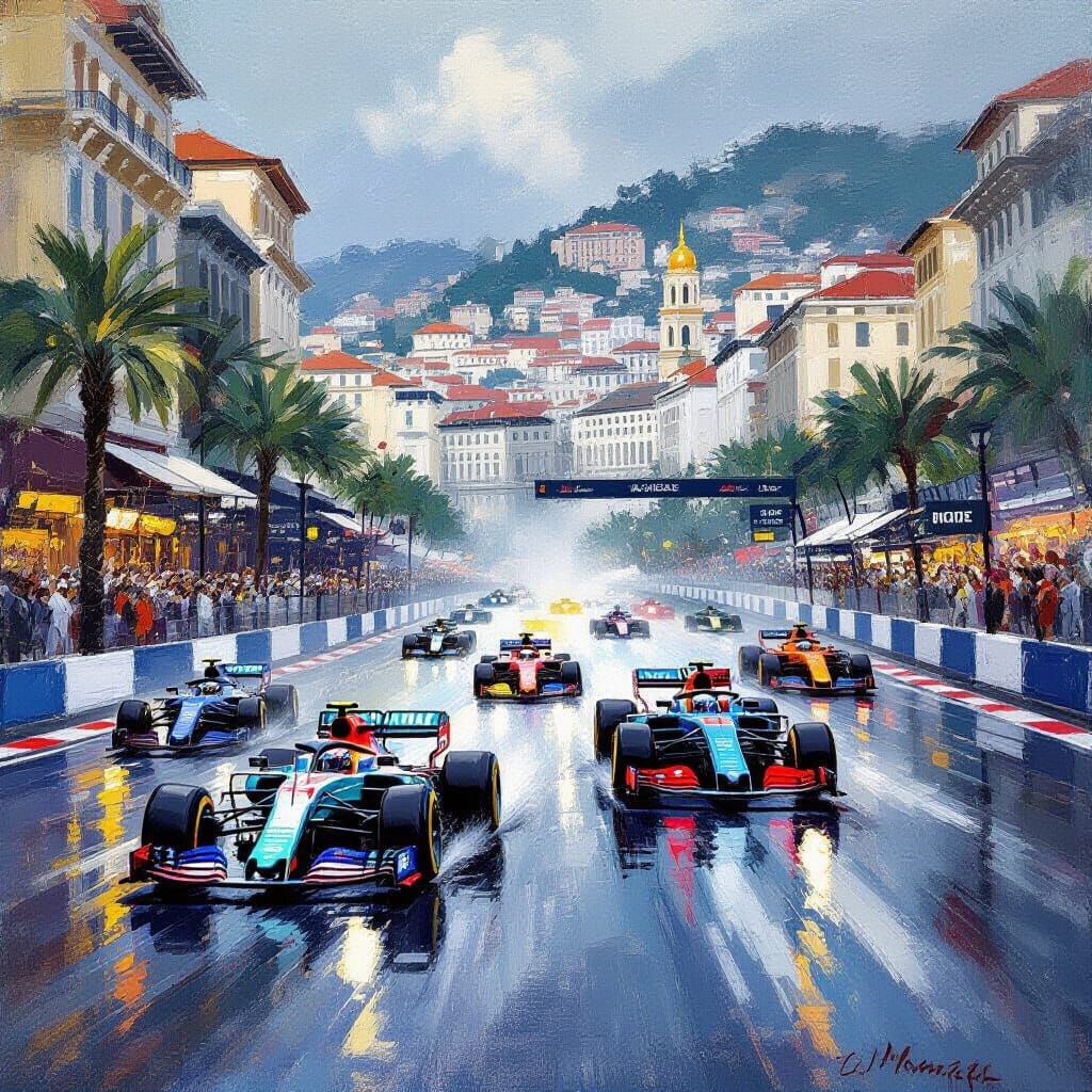 Monaco Grand Prix Race in Monochrome Impressionist Style