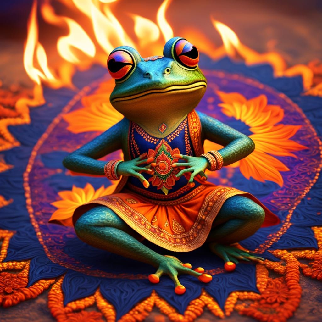 Frog Dances Around Bonfire in Rangoli Style