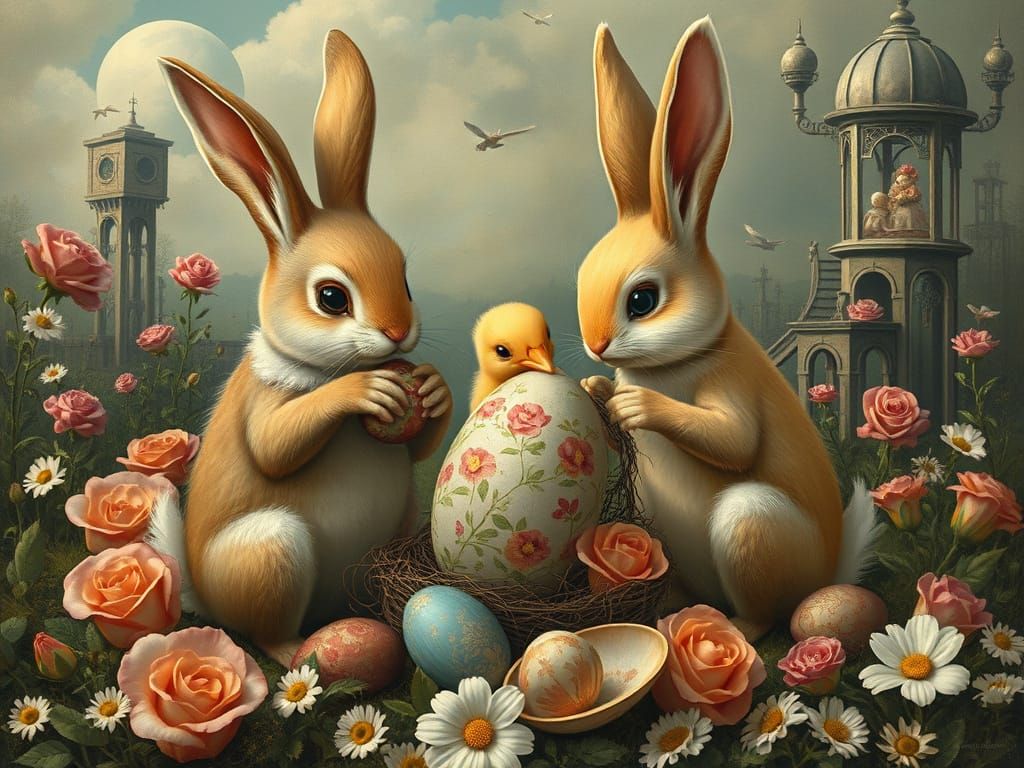 Whimsical Easter Scene with Bunnies and Floral Motifs