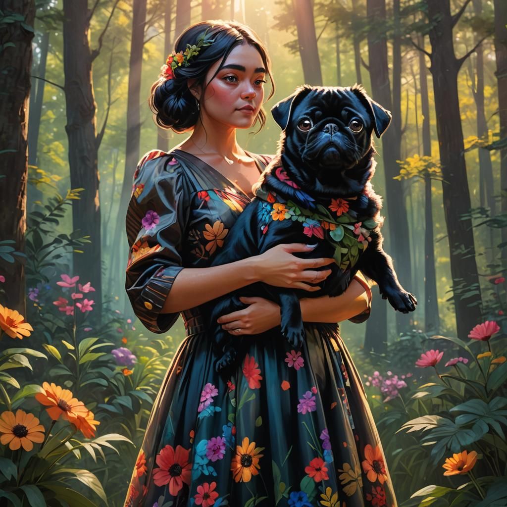 Woman and Pug in Vibrant Forest, Hyperrealistic Art