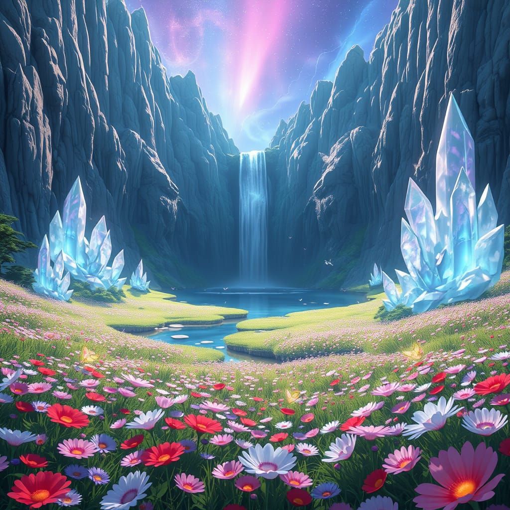 Glowing Crystal Meadow with Aurora, in Anime Style