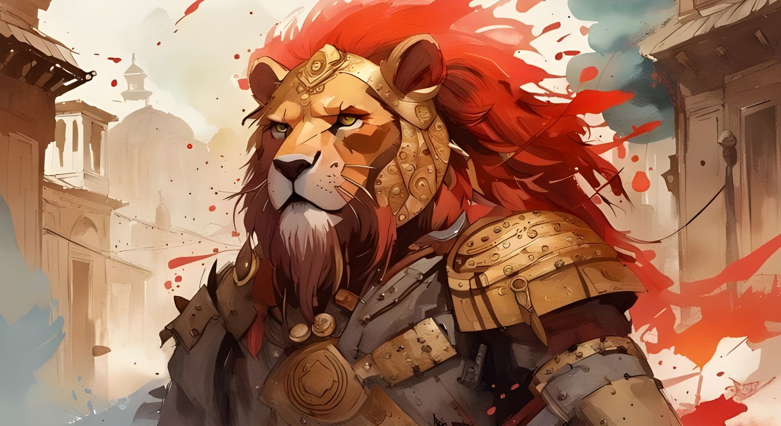 Lion Warrior in Athens: Gouache Painting