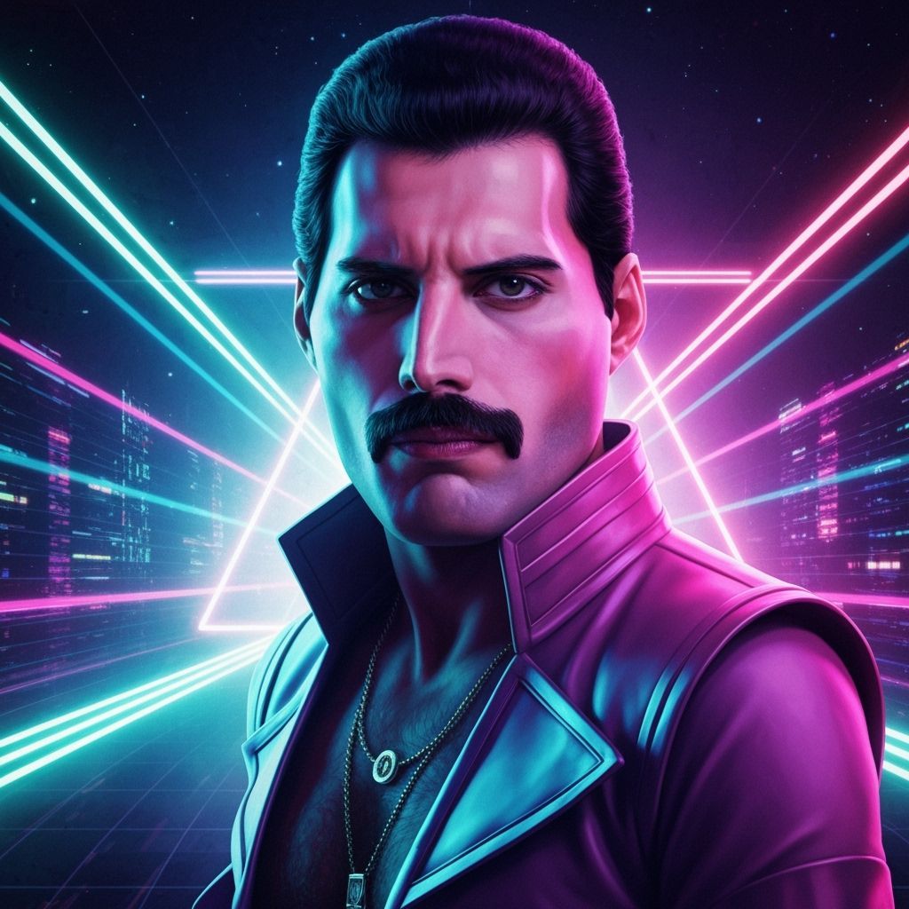 Freddie Mercury in Vibrant Retrofuturistic Sci-Fi Style