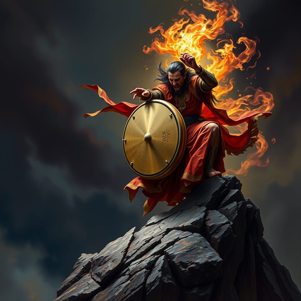 Gong Player in Dramatic, Gothic Landscape