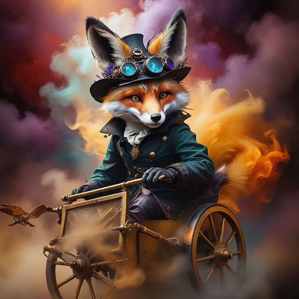Steampunk Fox Rides Gocart Through Mysterious Mist
