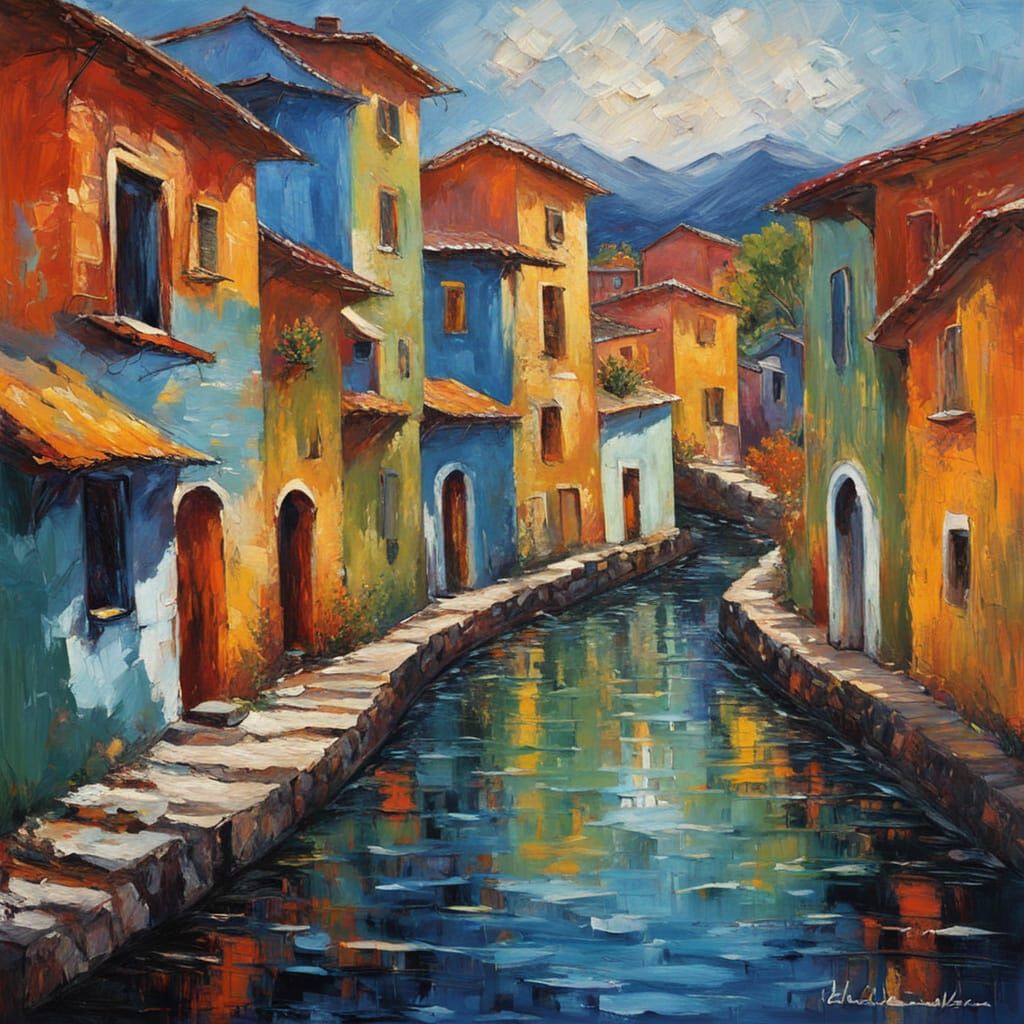 Vibrant Saranda Town Scene in Neo-Impressionist Style