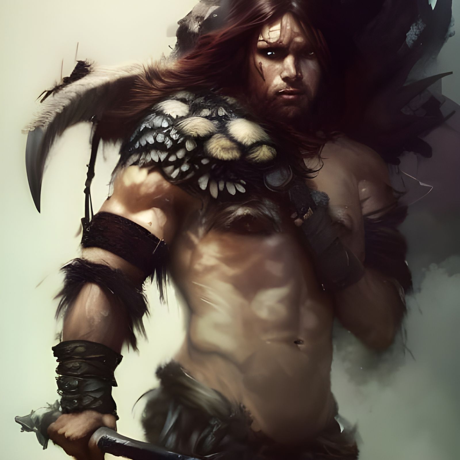 Muscular Barbarian with Tiger Pet in Dark Fantasy Style