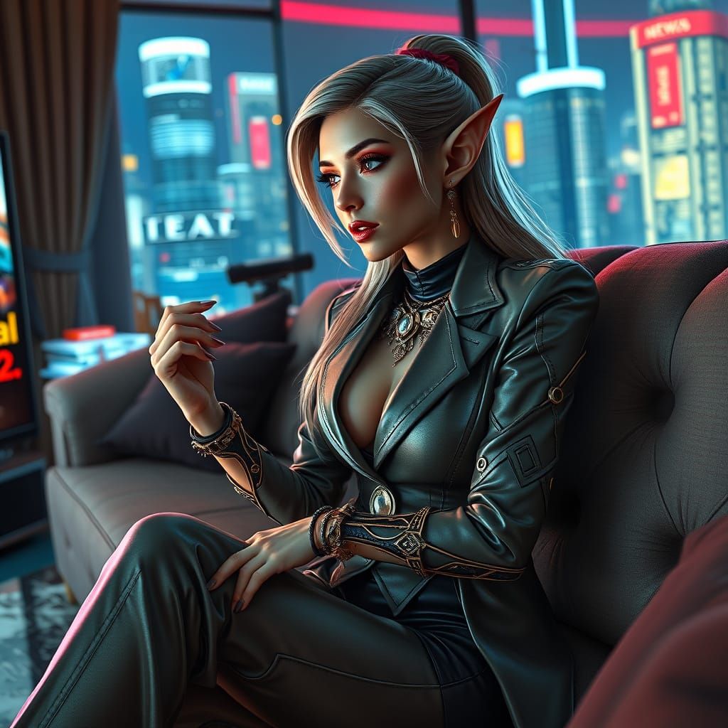 Cyberpunk Elf in Luxurious Futuristic Apartment