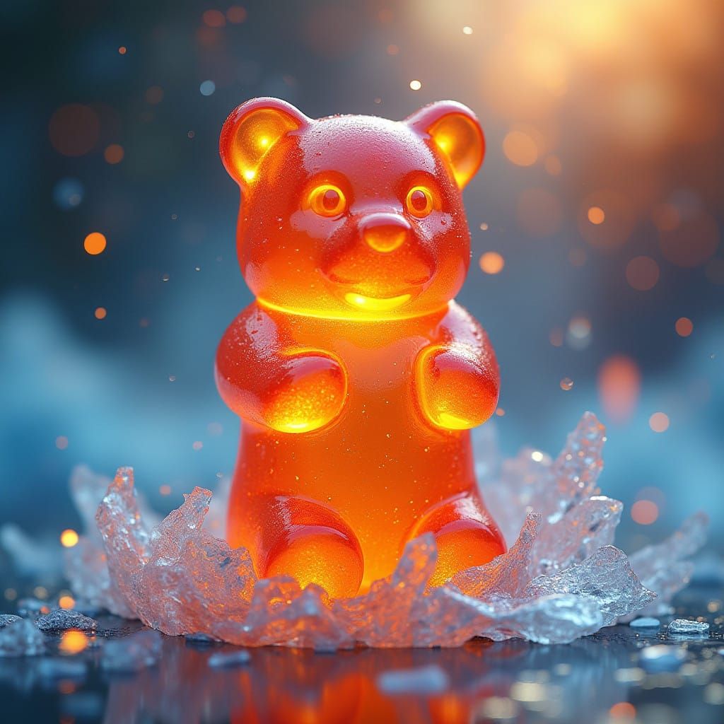 Gummy Bear Amidst Swirling Flames and Ice