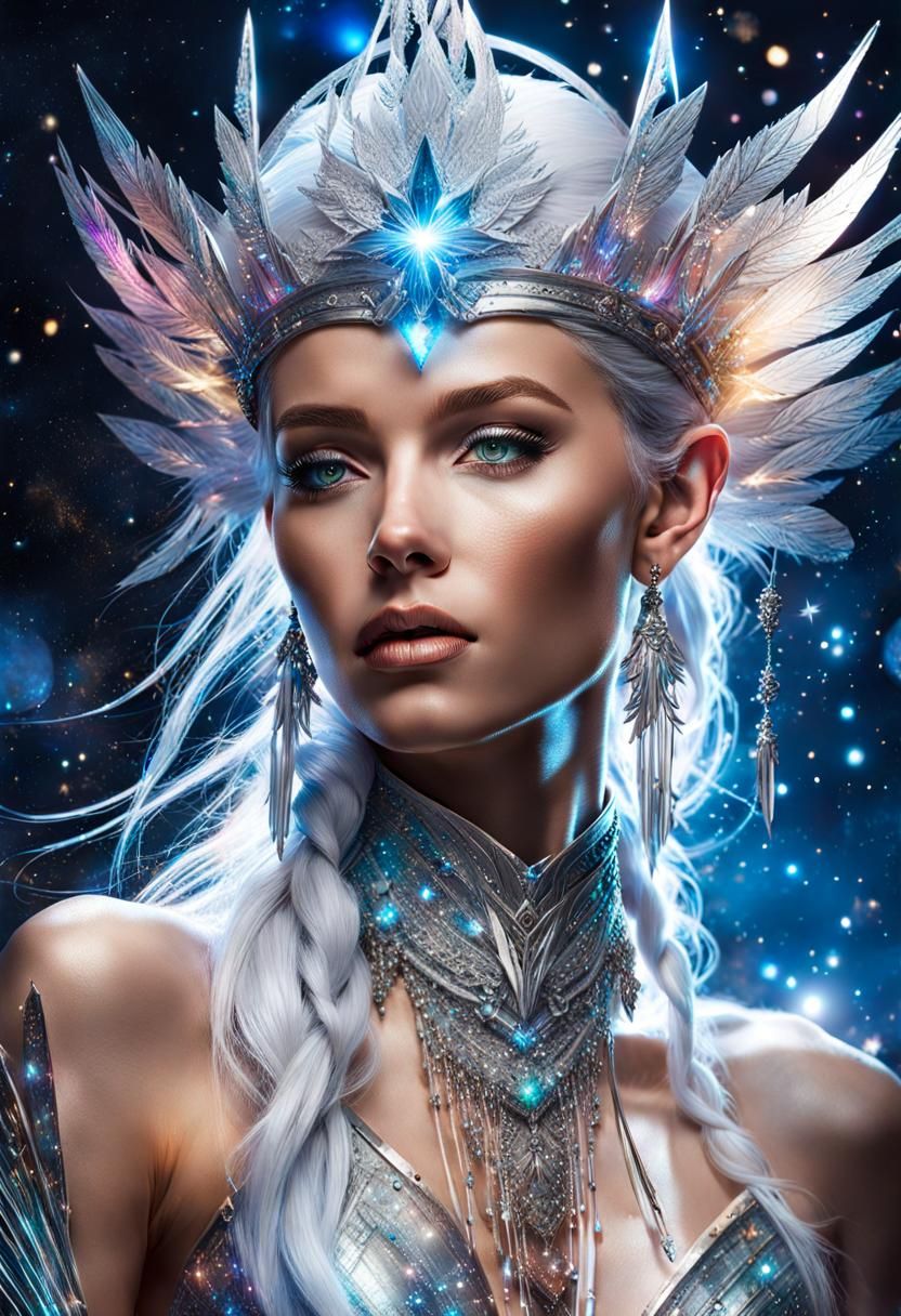 Silver Elf Queen Warrior in Mixed Media Fantasy