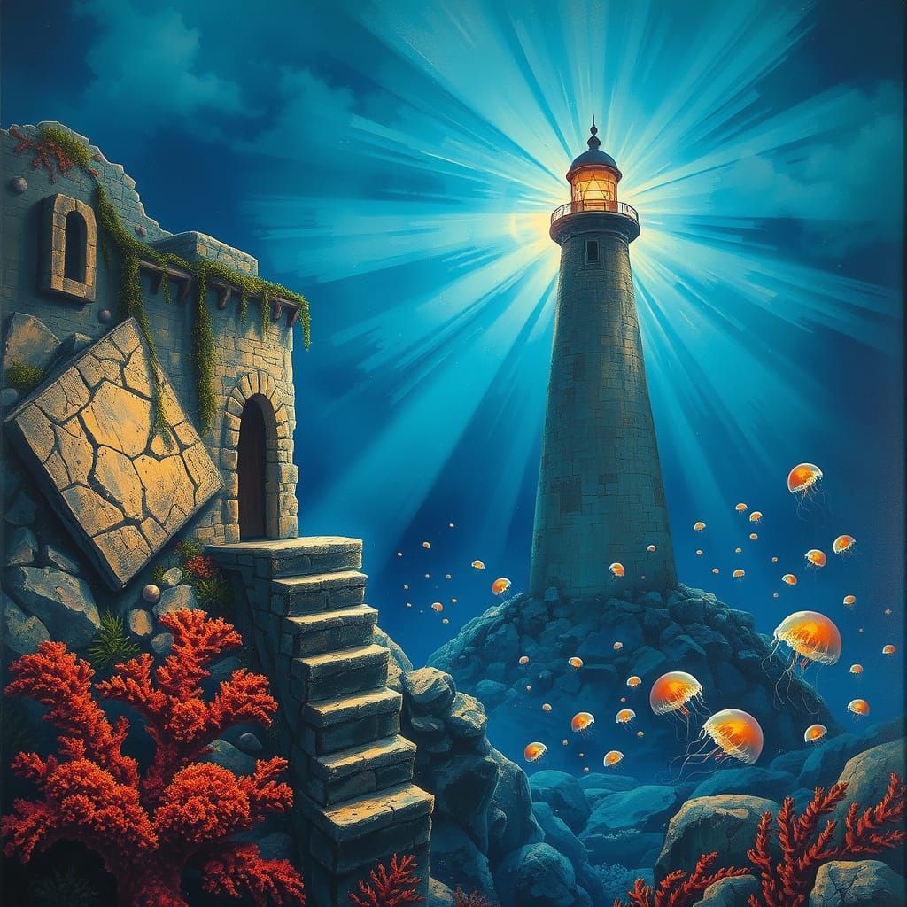 Coral Covered Lighthouse in Dreamy Surreal Scene