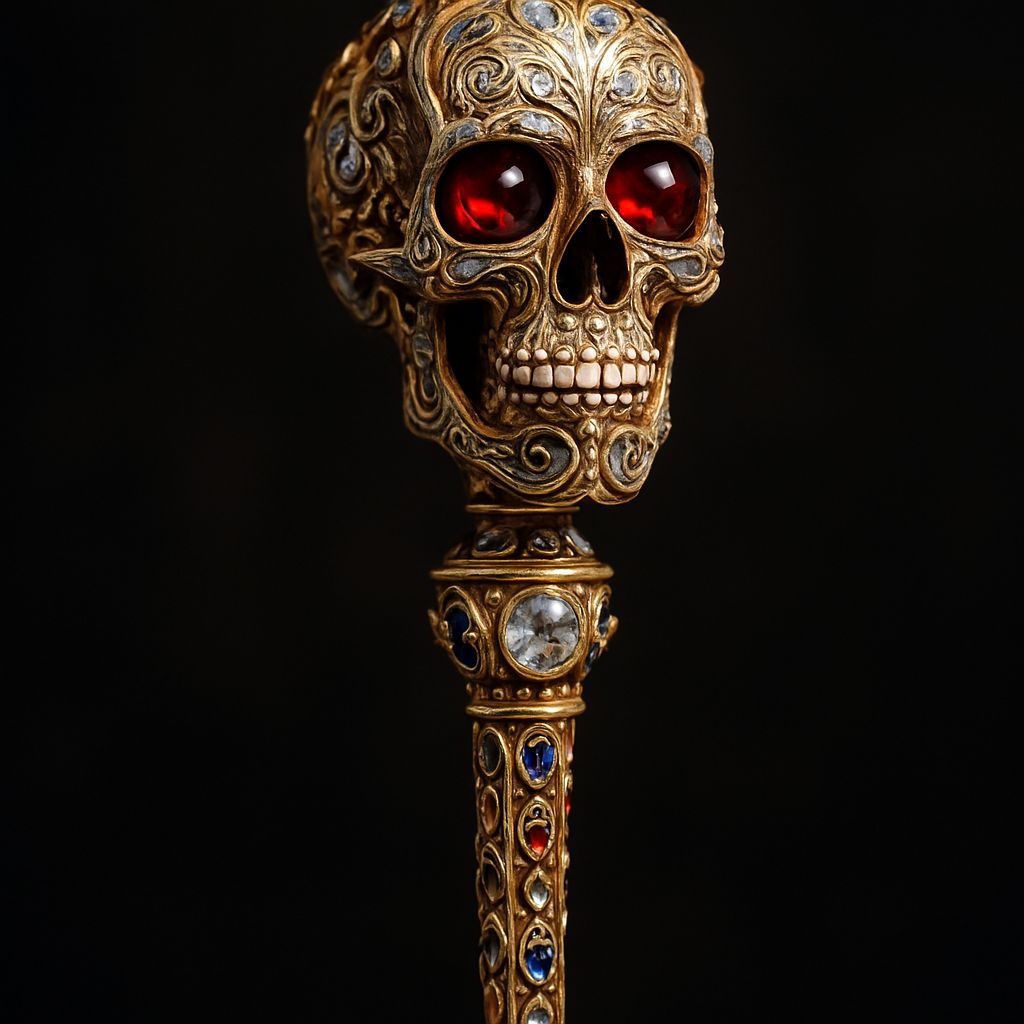 Bejeweled Skull Wand with Gold and Silver Filigree