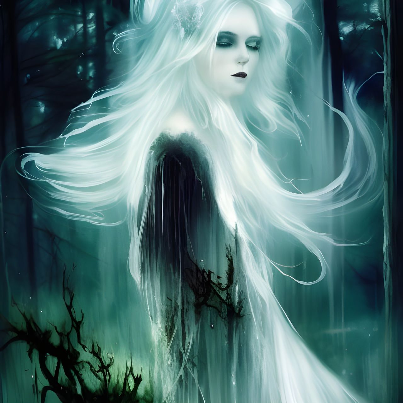 Eerie Ghost Haunting Forest, Sinister Illustration